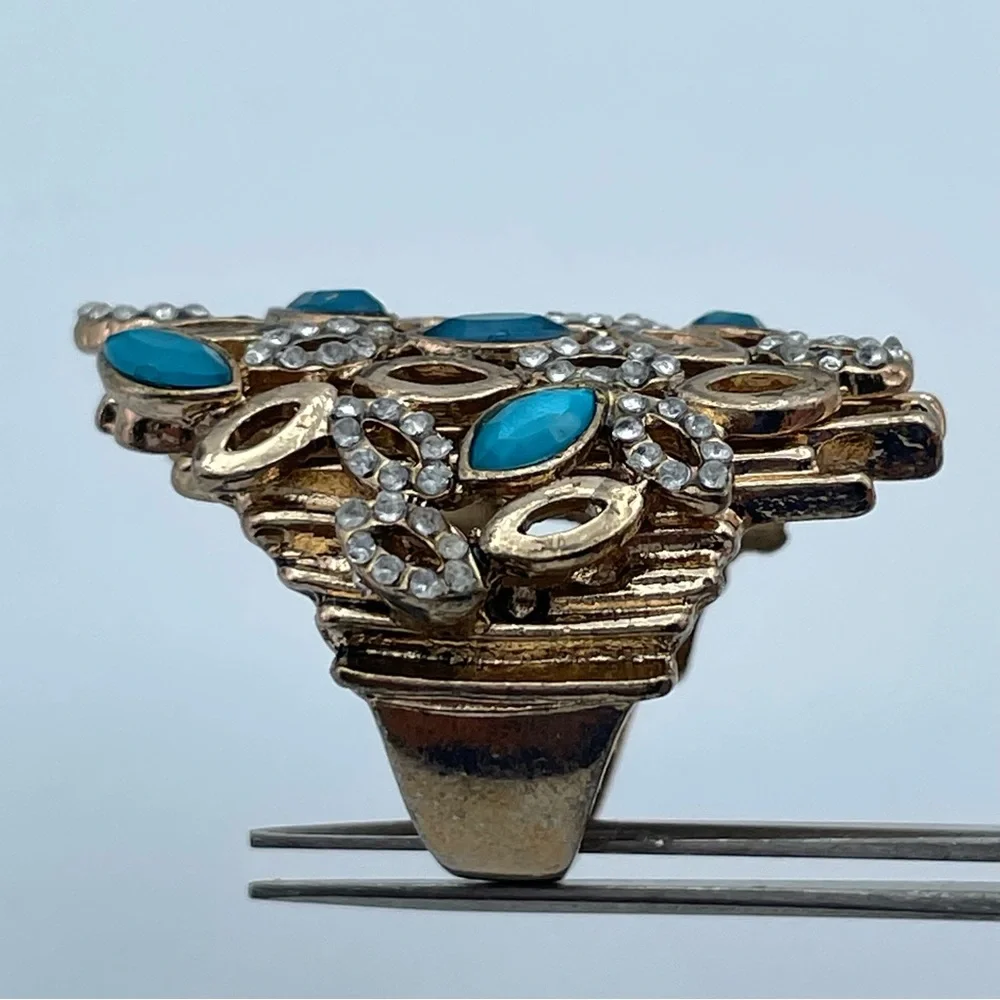 Vintage Gold-Tone Cocktail Ring with Blue Glass and Rhinestones Art Deco Sz 6